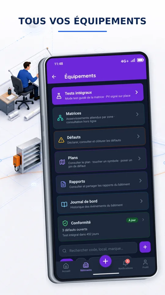 Vue d'ensemble des équipements dans l'app SDAI Terrain
