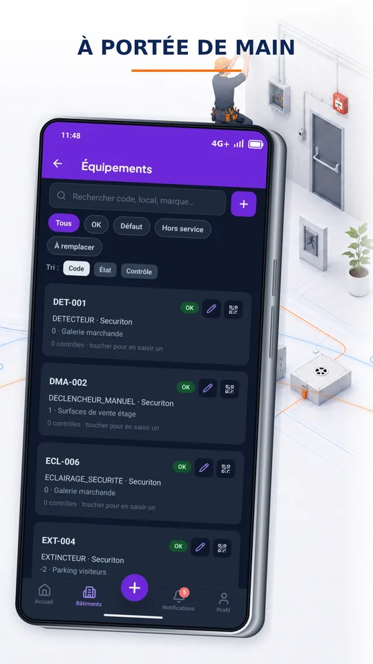 Équipements accessibles en un geste depuis l'app