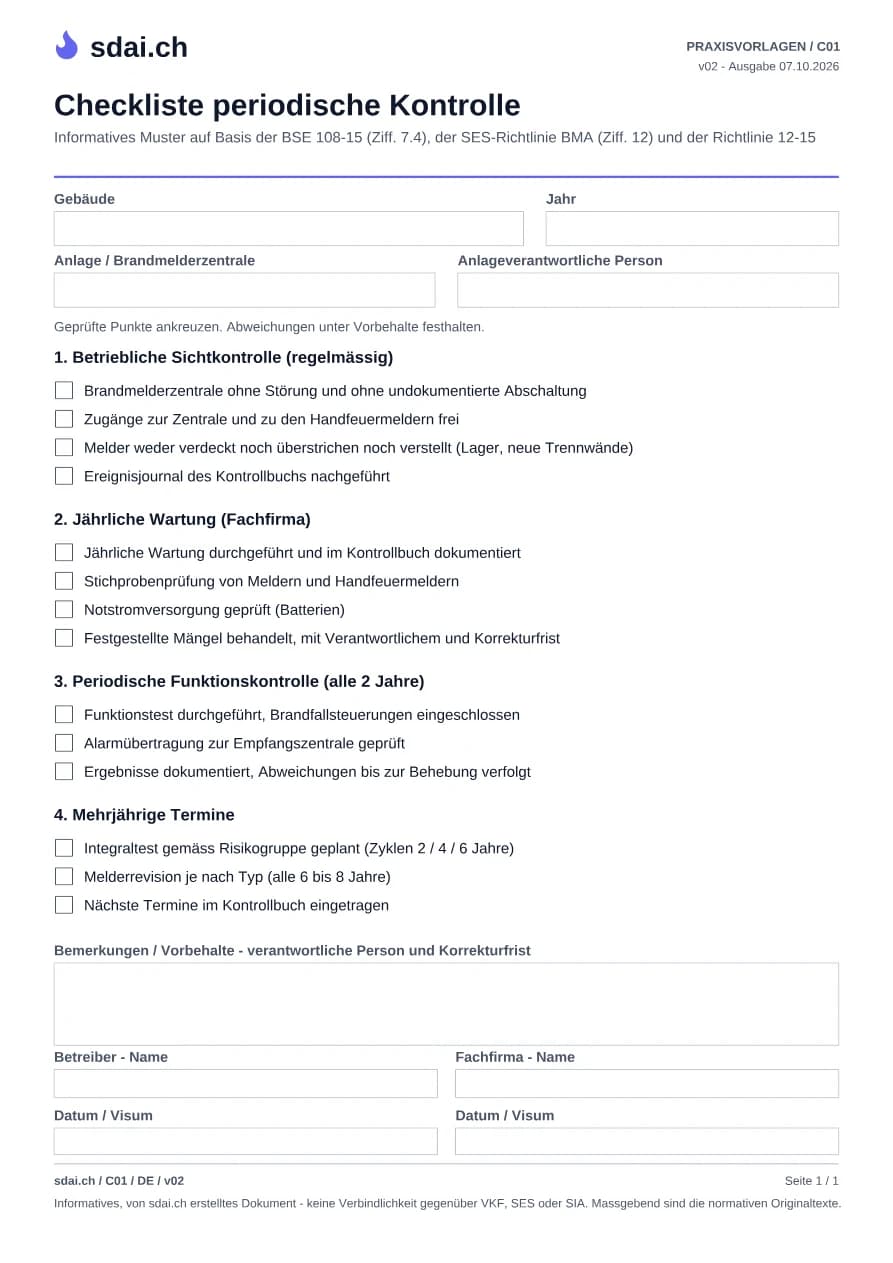 Erste Seite der Vorlage: Checkliste periodische Kontrolle