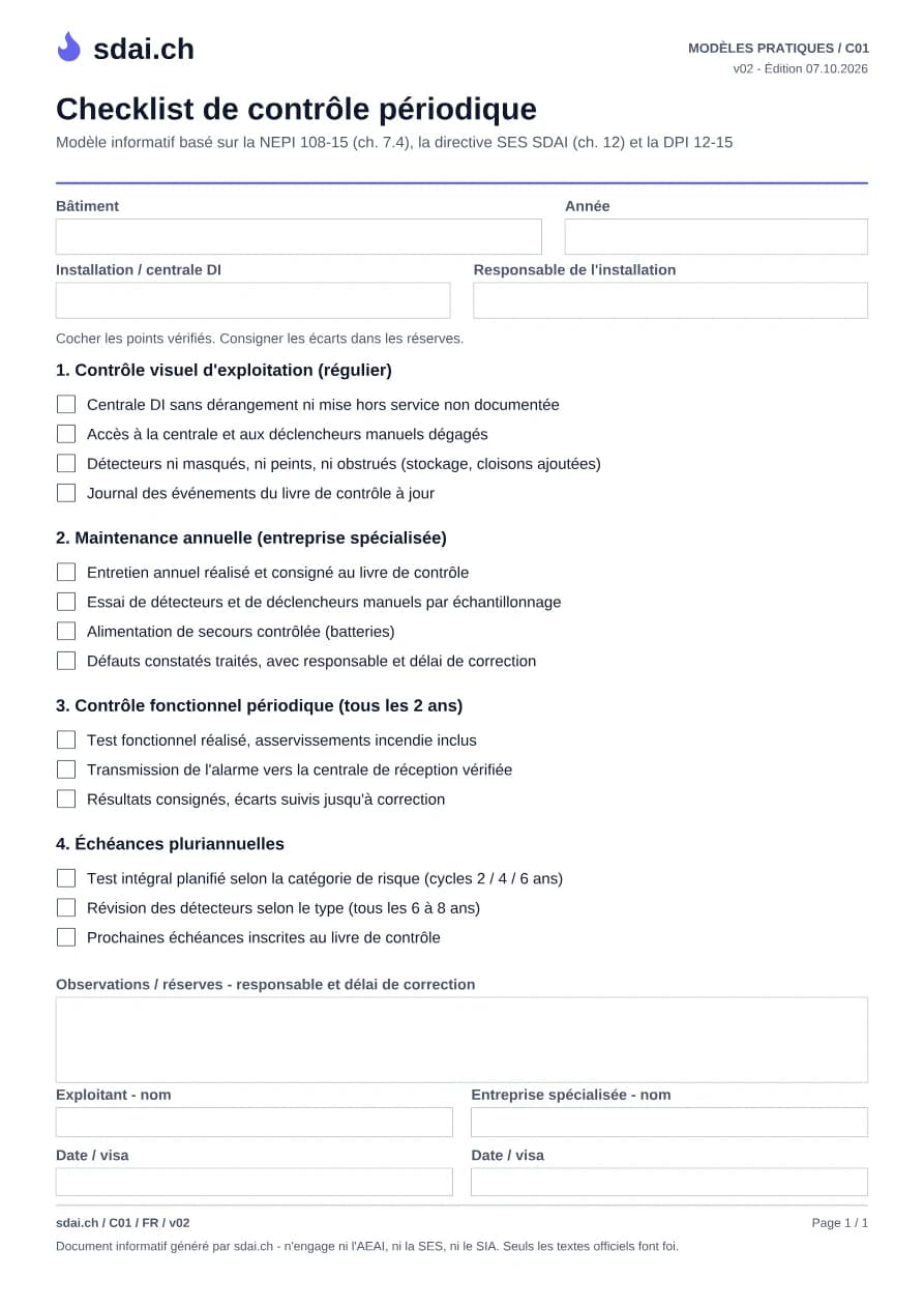 Première page du modèle : Checklist de contrôle périodique