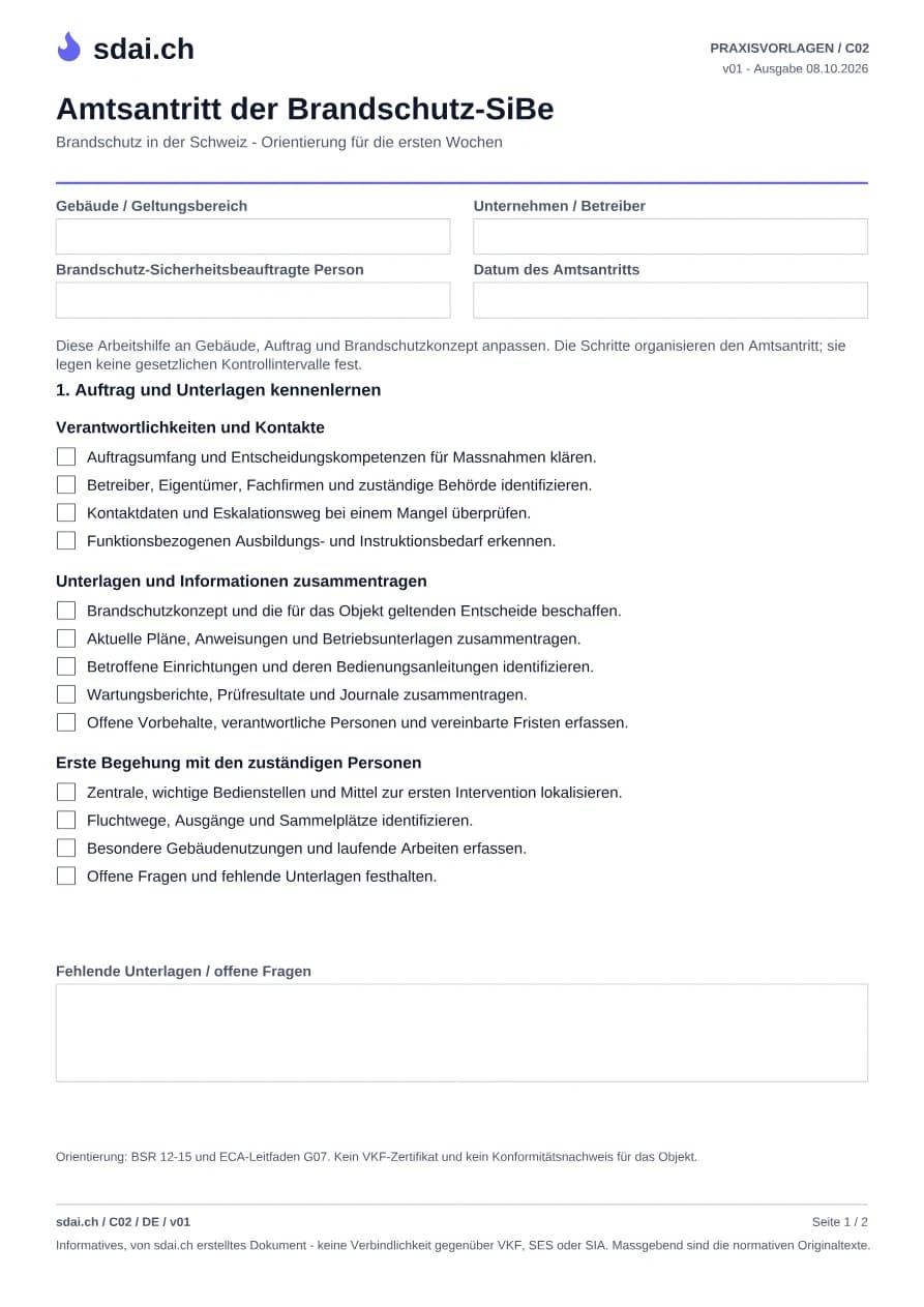 Erste Seite der Vorlage: Amtsantritt Brandschutz-SiBe