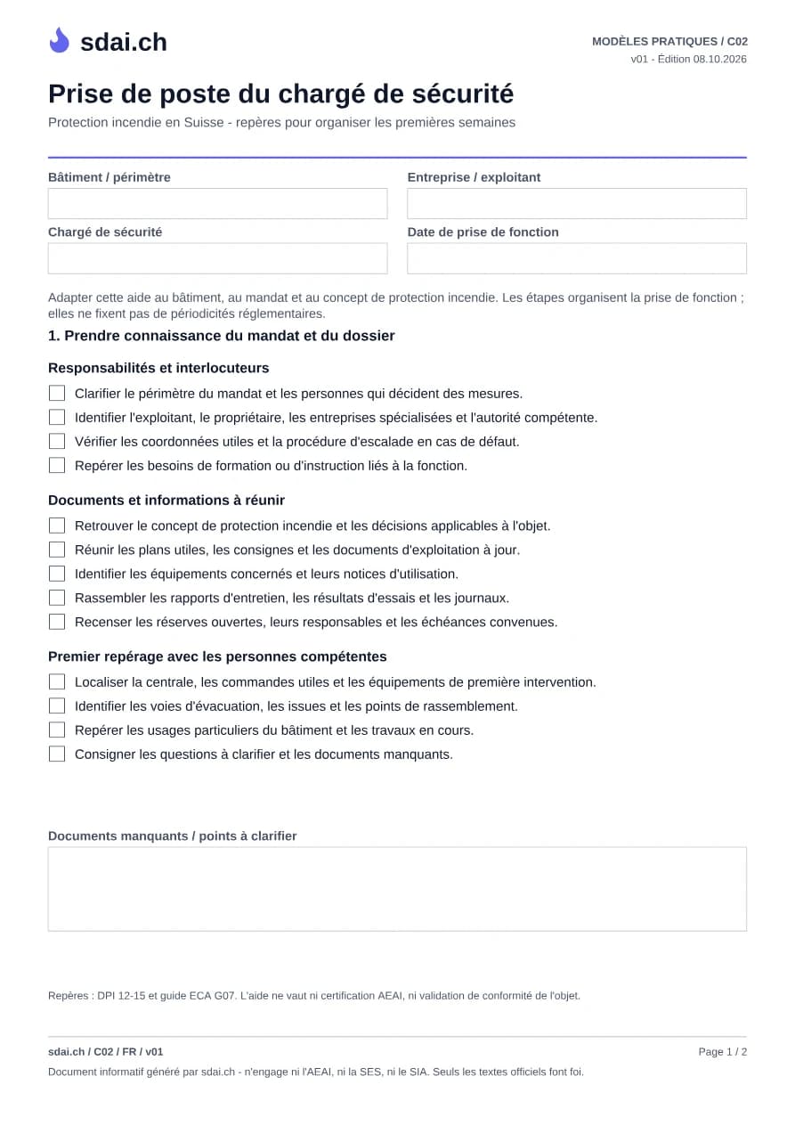 Première page du modèle : Prise de poste du chargé de sécurité