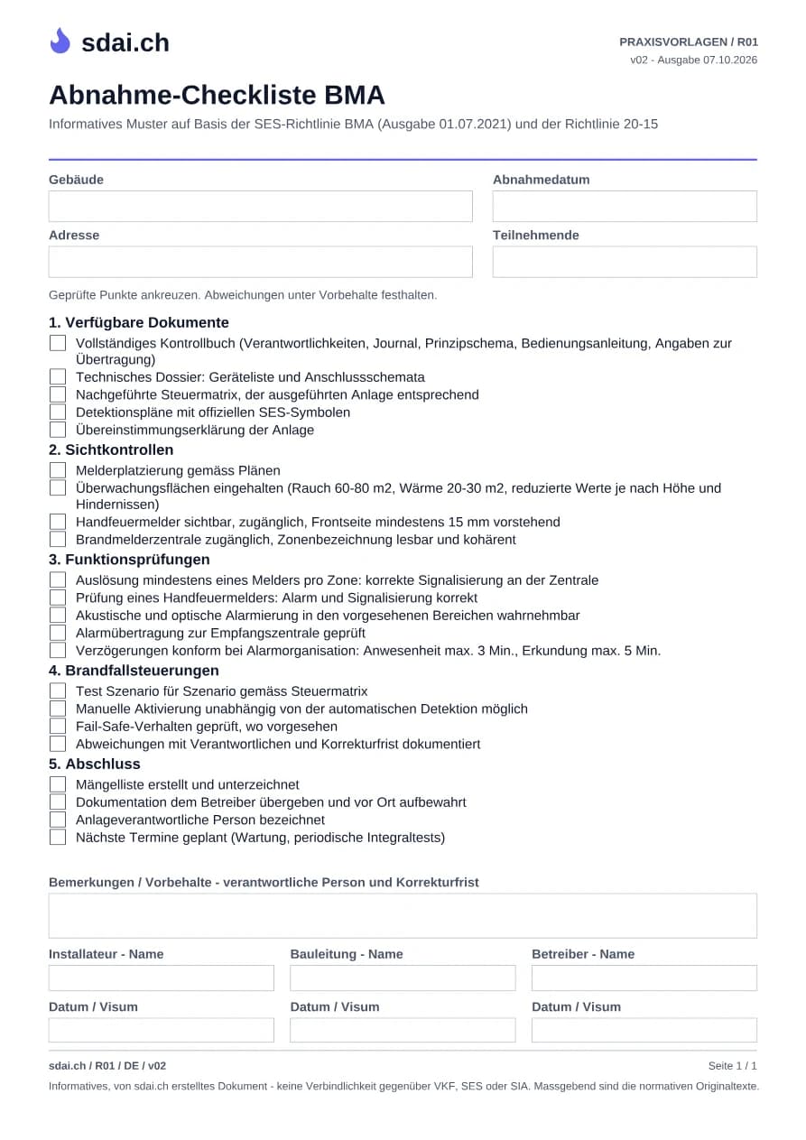 Erste Seite der Vorlage: Abnahme-Checkliste BMA
