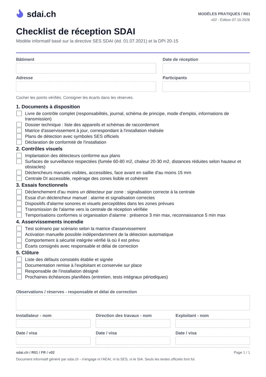 Première page du modèle : Checklist de réception SDAI