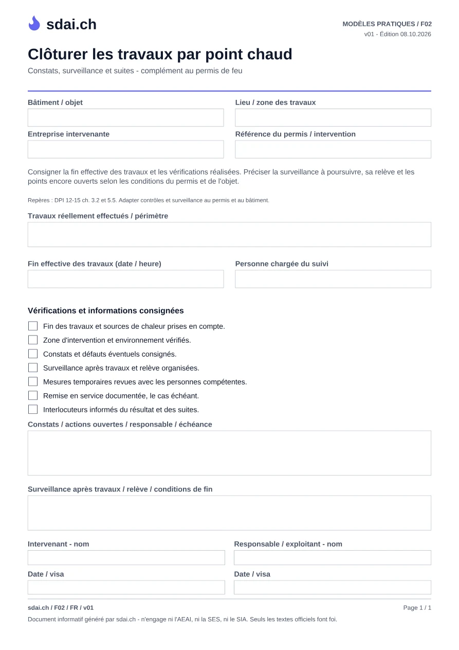 Première page du modèle : Clôture des travaux par point chaud
