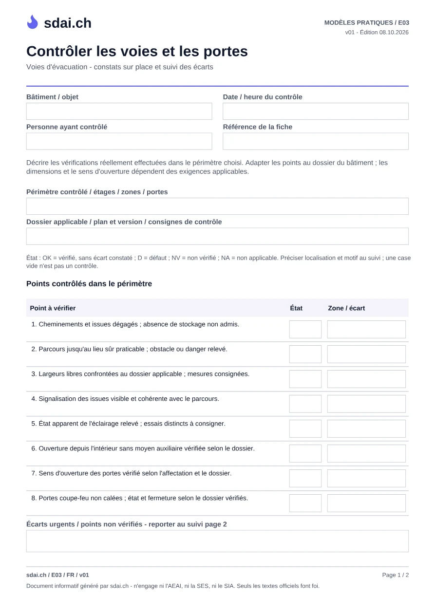 Première page du modèle : Fiche de contrôle des voies d'évacuation et des portes