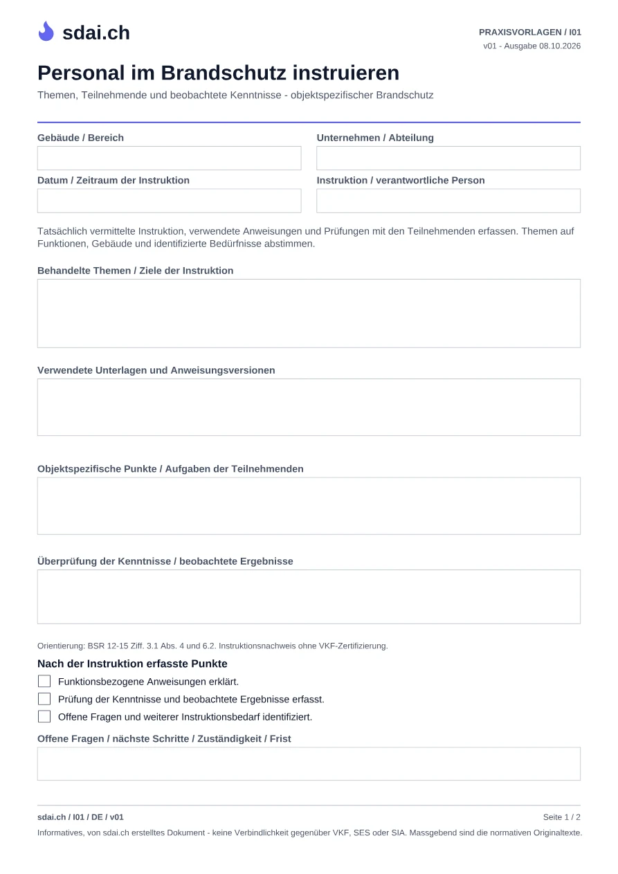 Erste Seite der Vorlage: Instruktionsnachweis Personal