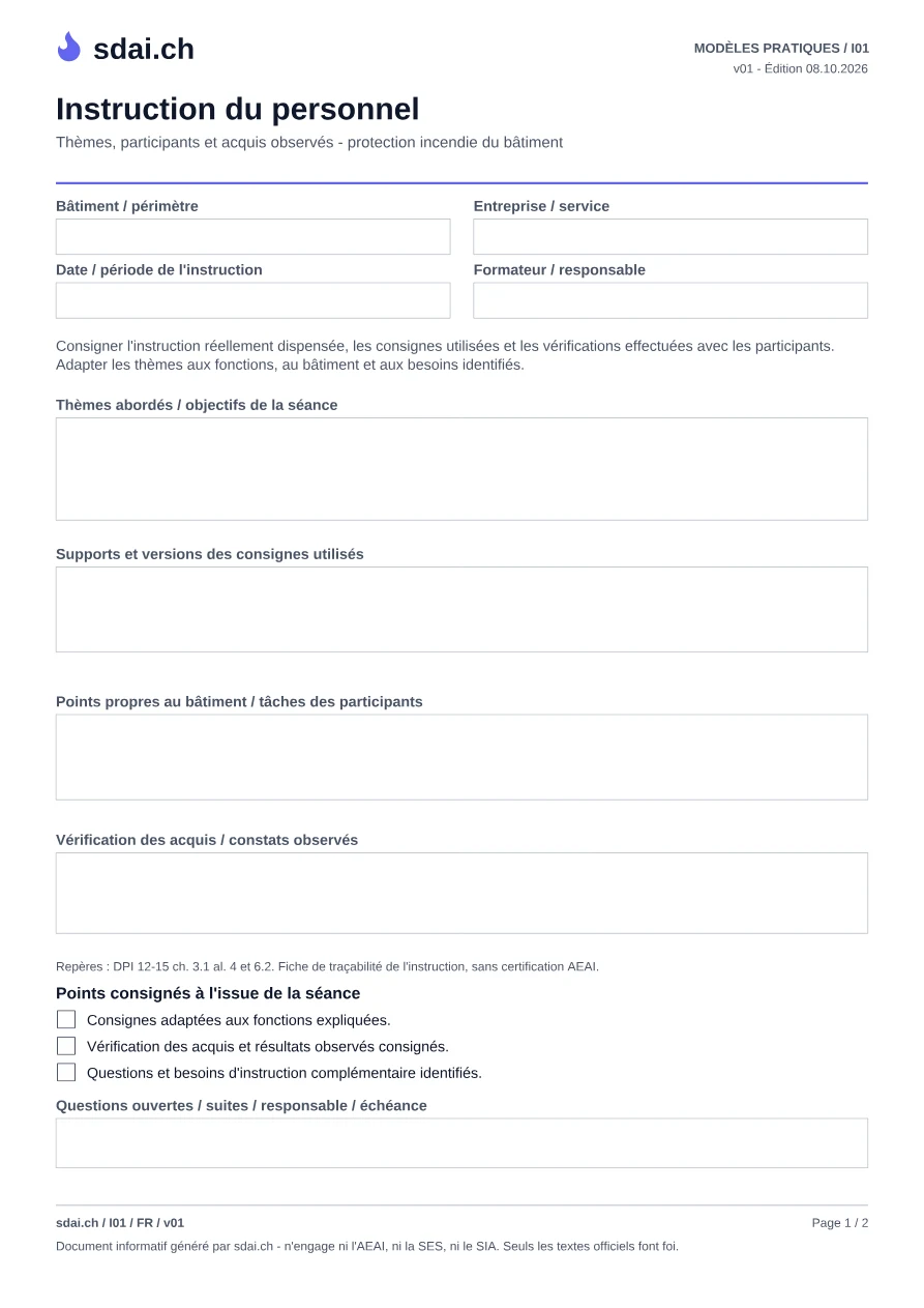 Première page du modèle : Fiche d'instruction du personnel