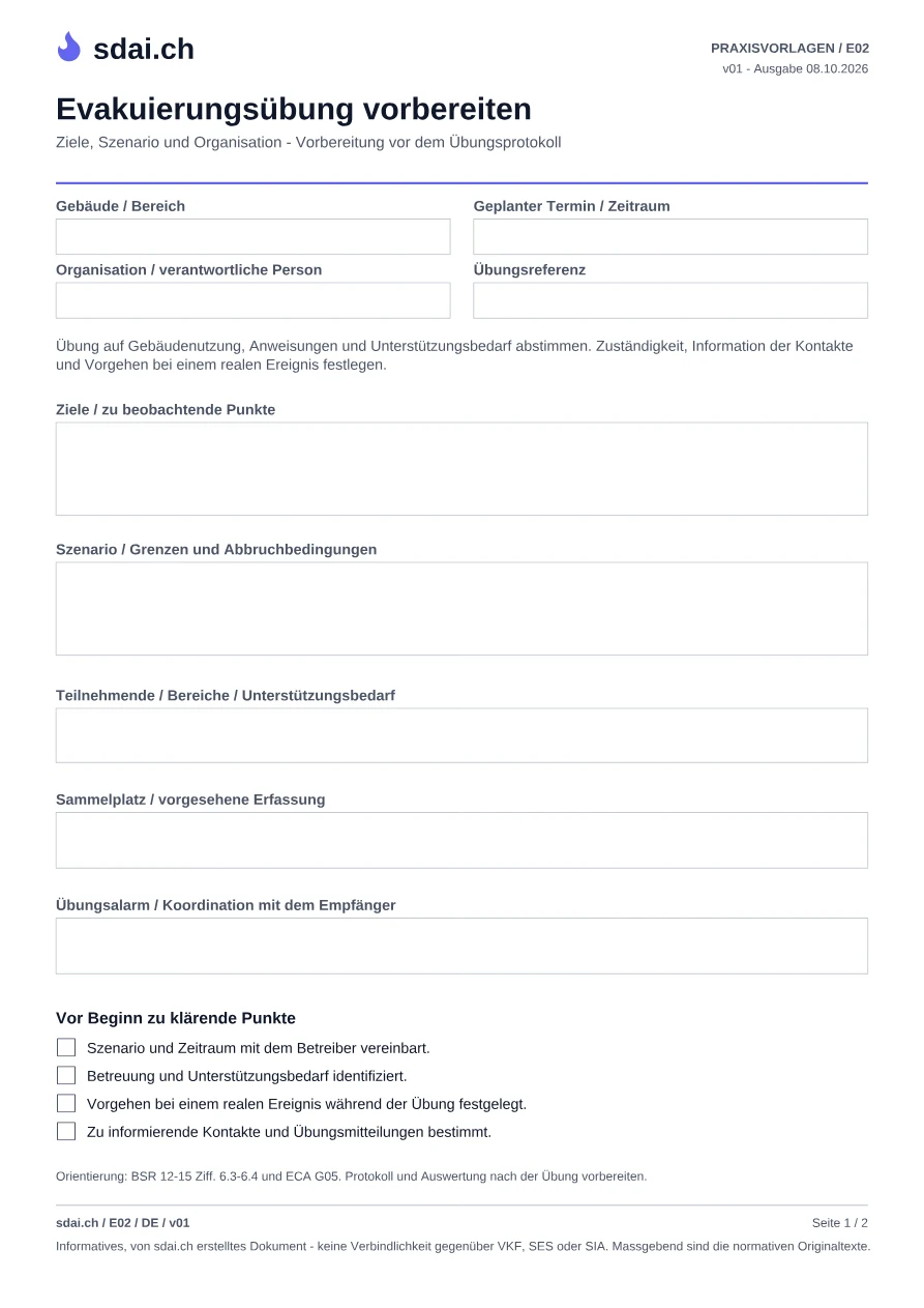 Erste Seite der Vorlage: Vorbereitung einer Evakuierungsübung
