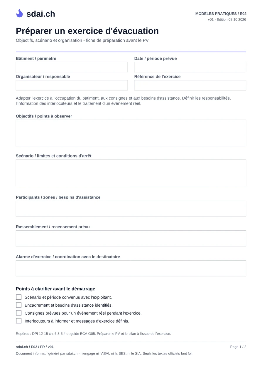 Première page du modèle : Préparation d'un exercice d'évacuation