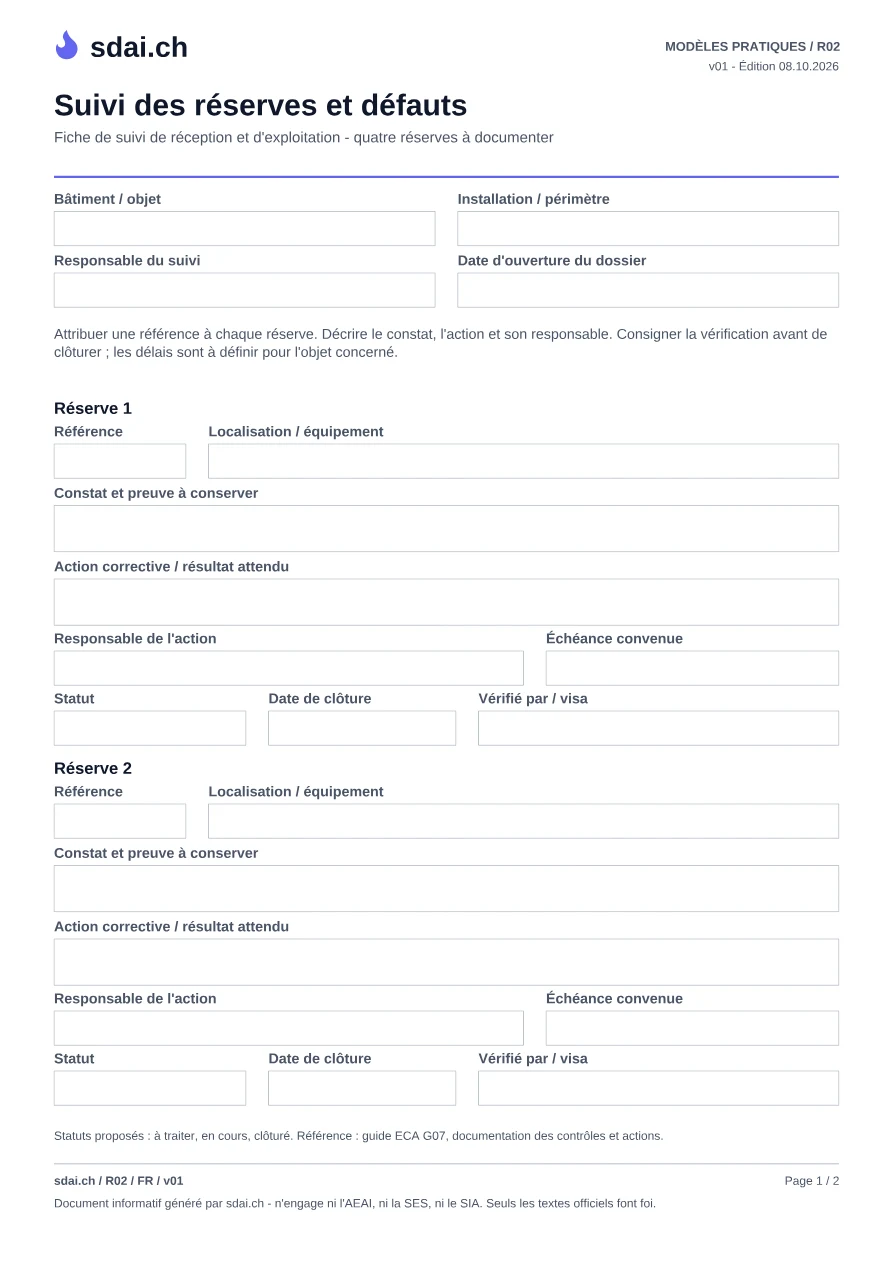 Première page du modèle : Fiche de suivi des réserves et défauts
