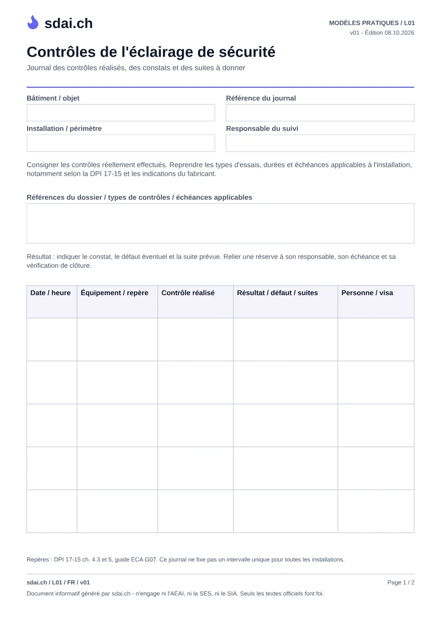 Première page du modèle : Journal des contrôles de l'éclairage de sécurité