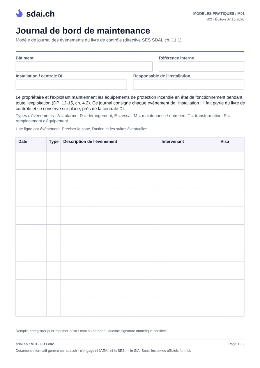 Première page du modèle : Journal de bord de maintenance