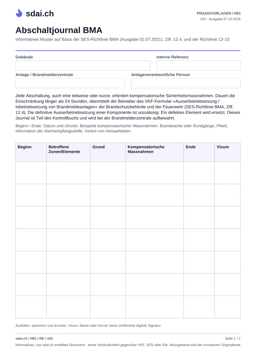Erste Seite der Vorlage: Abschaltjournal BMA