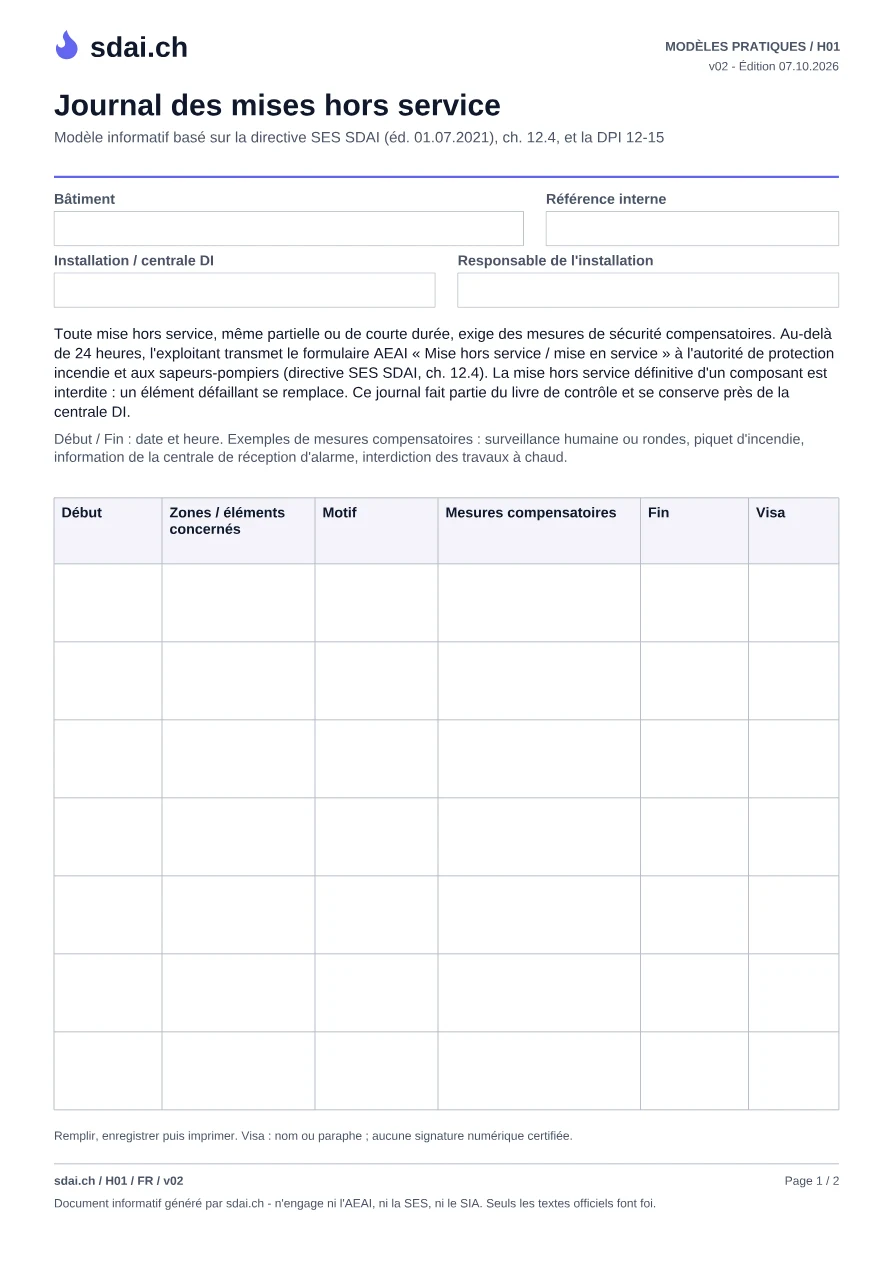 Première page du modèle : Journal des mises hors service