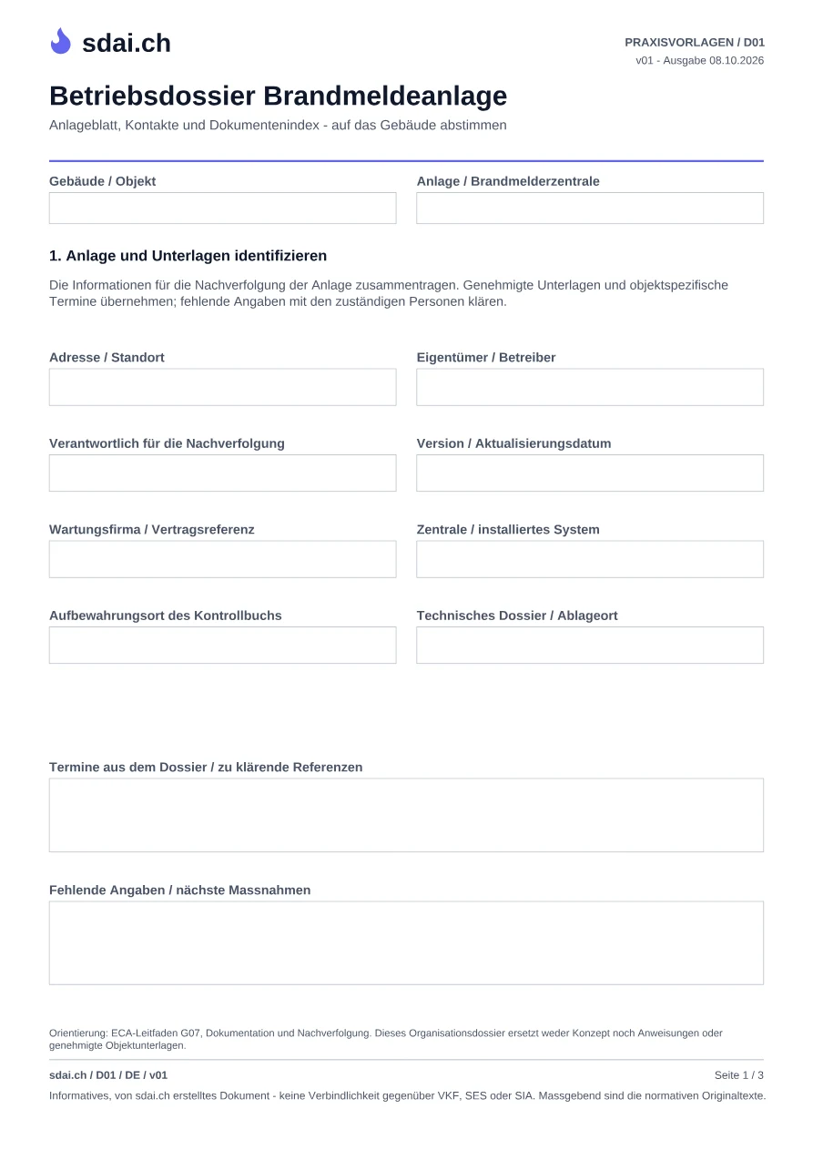 Erste Seite der Vorlage: Betriebsdossier-Paket BMA
