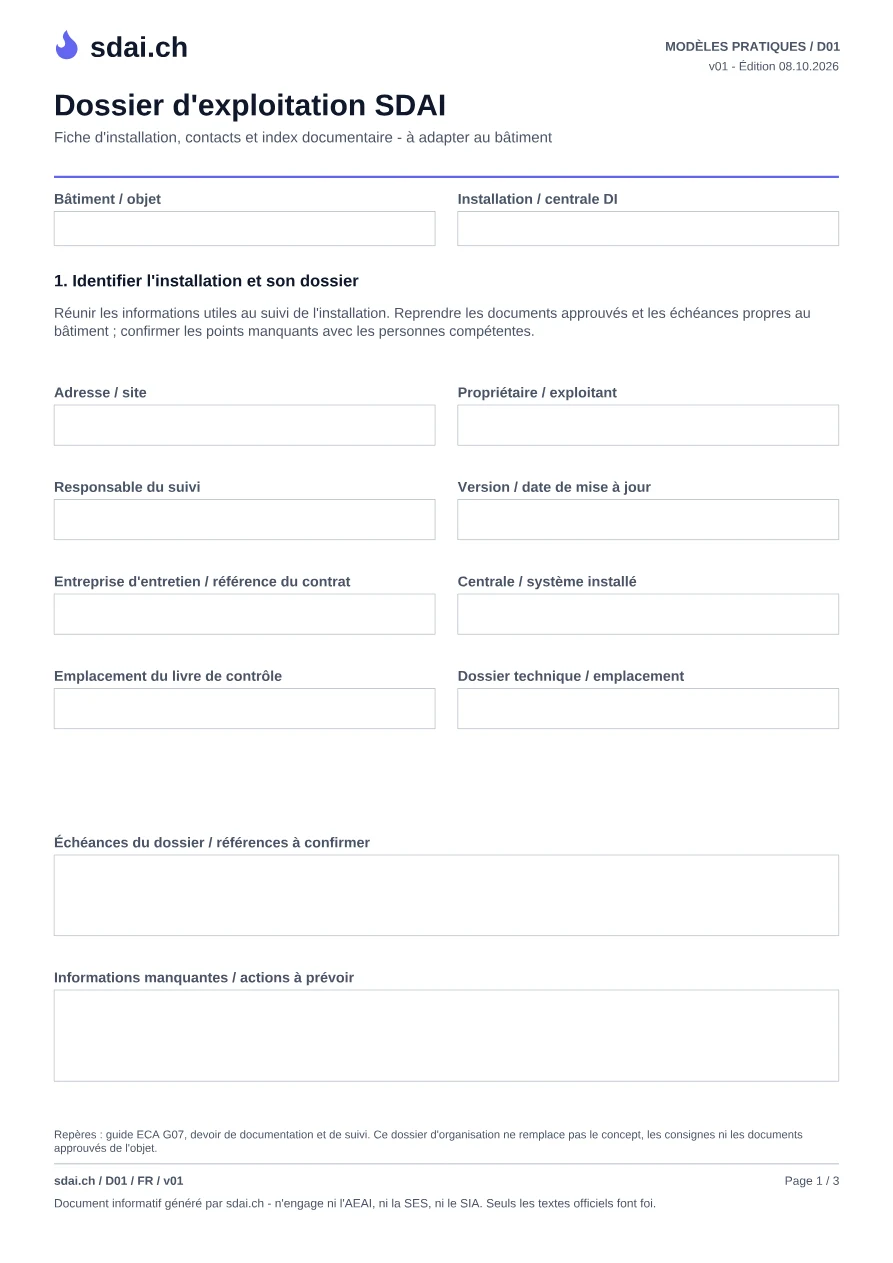 Première page du modèle : Pack dossier d'exploitation SDAI