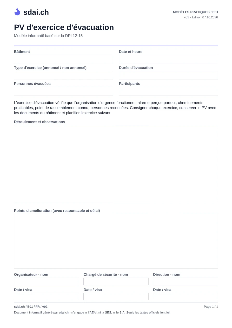 Première page du modèle : PV d'exercice d'évacuation