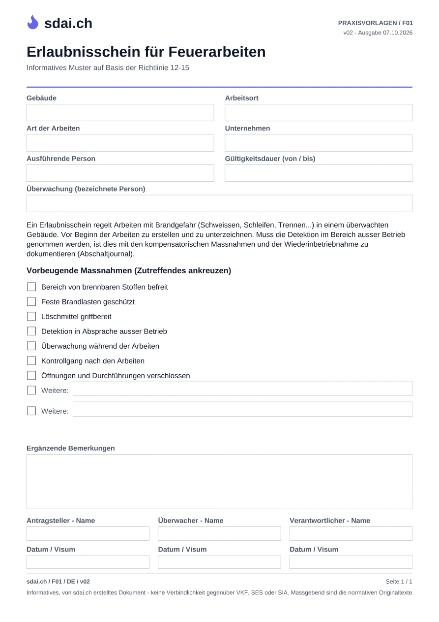 Erste Seite der Vorlage: Erlaubnisschein für Feuerarbeiten